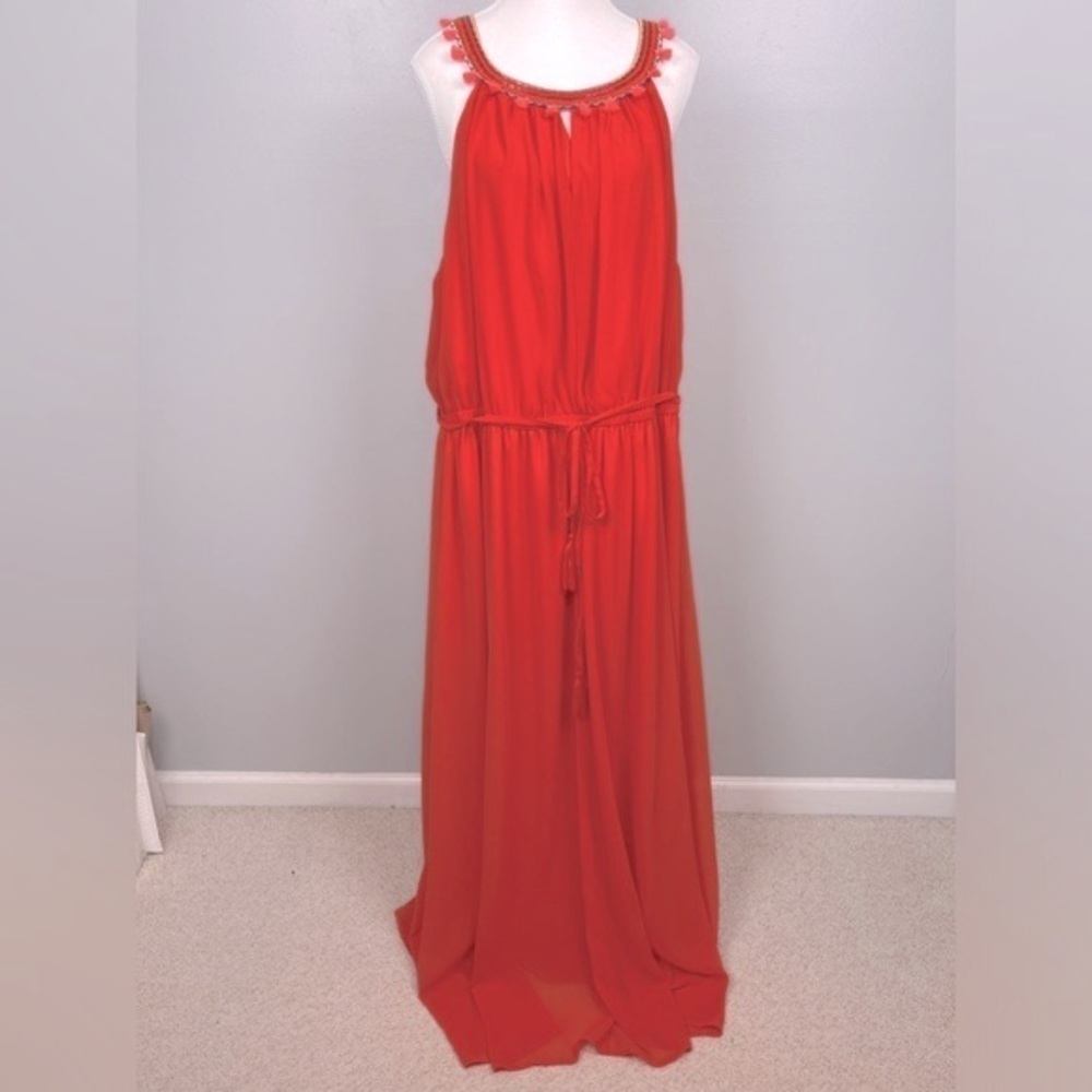 Lane Bryant orange sleeveless tassel trimmed chiffon maxi dress, size 26.